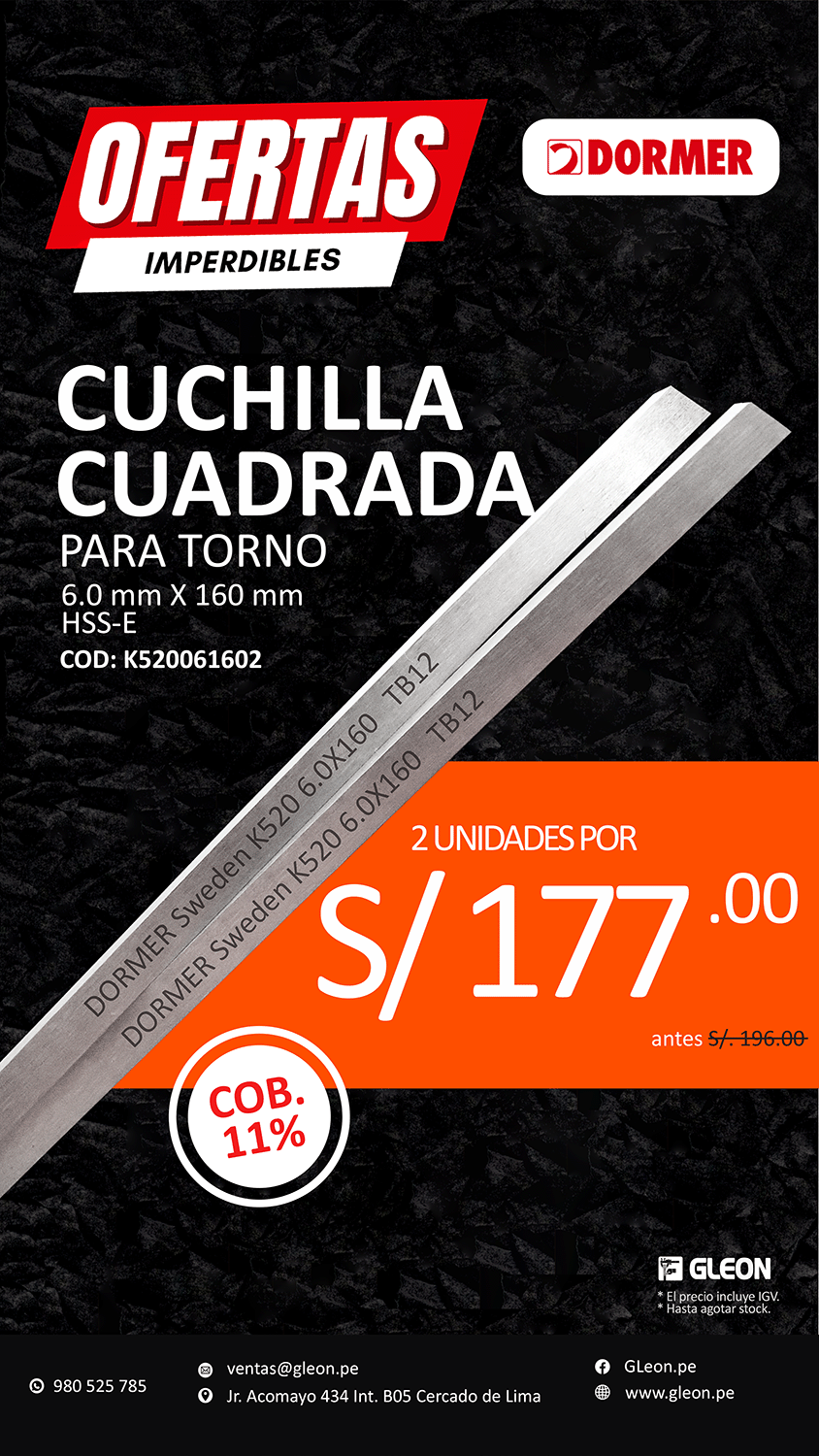 PACK X2 CUCHILLA CUADRADA 6X160MM HSS-E CO11% K520 DORMER